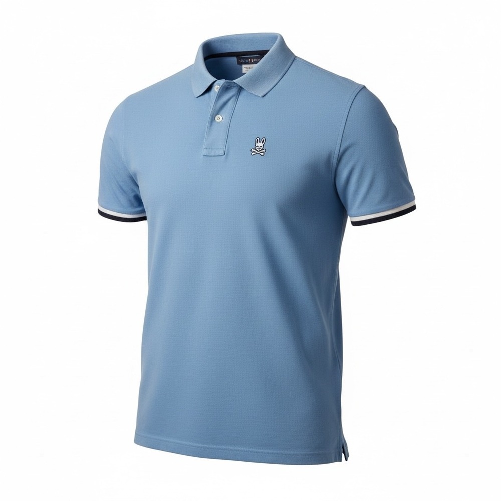 Psycho Bunny Mens Classic Fit Blue‎ Pima Cotton Polo Shirt Bunny Logo Size 7